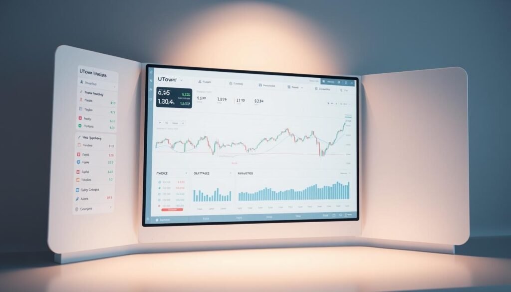 A dynamic, real-time trading system by UTown, showcasing seamless transaction flows. Sleek, minimalist interface with clean typography, dynamic visualizations, and intuitive controls. Soft lighting illuminates the screen, creating a sense of clarity and professionalism. The system is depicted from an angled, three-quarter view, emphasizing the responsive, user-centric design. A neutral, muted color palette conveys a sense of reliability and security. The overall atmosphere exudes a sophisticated, technologically advanced ambiance, reflecting UTown's commitment to providing a robust and trustworthy online trading experience.