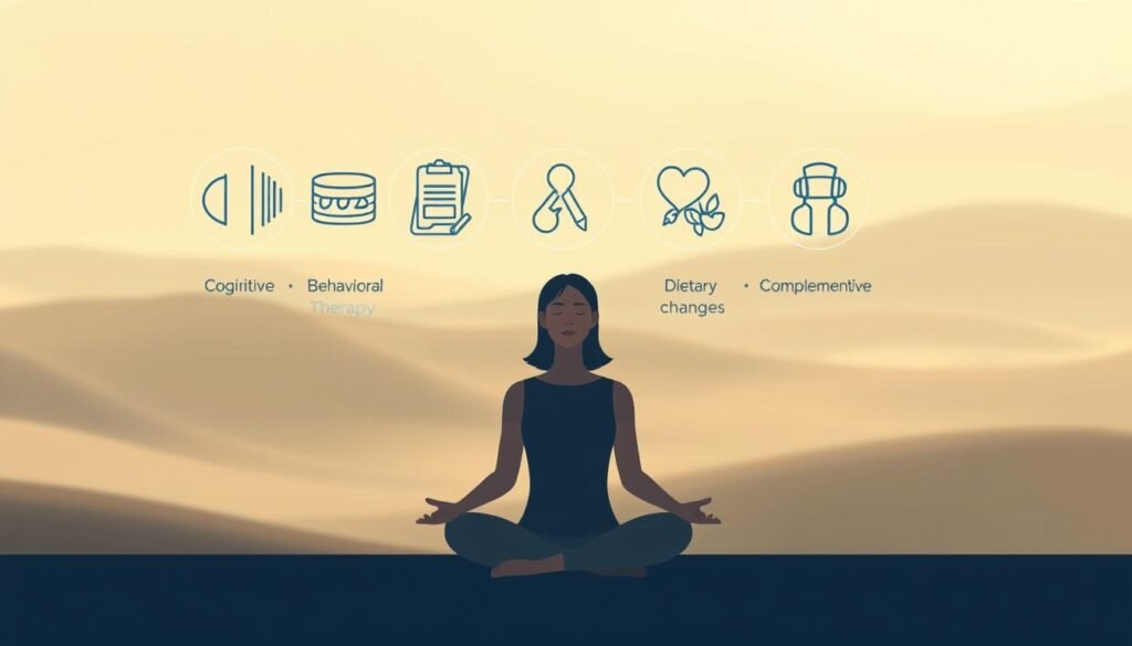A calming, minimalist illustration depicting the five most common methods for treating tinnitus (ringing in the ears). In the foreground, a person sitting in a peaceful, meditative pose, their eyes closed as they focus on their breathing. Behind them, five distinct icons representing different treatment approaches: sound therapy, cognitive-behavioral therapy, relaxation techniques, dietary changes, and complementary medicine. The middle ground features a soothing, abstract landscape with soft, muted hues and gentle, blurred shapes. The background is filled with a warm, diffused light, creating a sense of serenity and healing. The overall composition conveys a balanced and holistic approach to managing tinnitus and restoring inner peace.