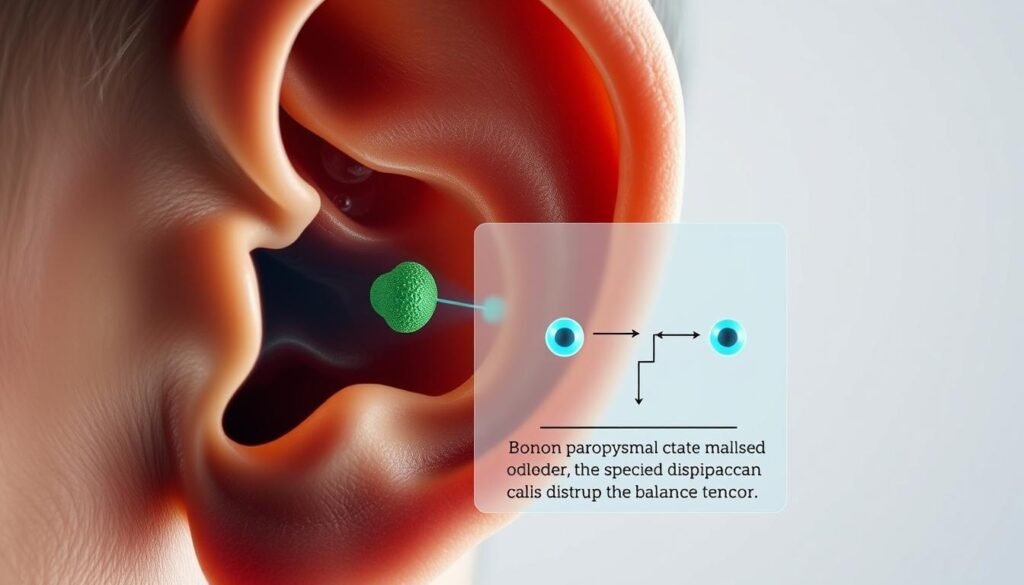A detailed close-up shot of the human inner ear, highlighting the position and structure of the otoconia (ear stones) that can become dislodged, causing benign paroxysmal positional vertigo. The image is crisp and well-lit, emphasizing the intricate labyrinth of the vestibular system. The middle ground shows a simplified diagram overlaid, annotating the specific problems related to displaced otoconia and how they can disrupt the balance sensors. The background is a clean, neutral palette, allowing the medical details to take center stage without distractions. The overall mood is informative and scientific, suitable for an educational article on managing and preventing this common ear condition.
