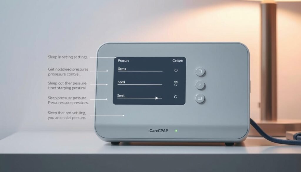 A detailed diagram of a sleep apnea CPAP machine interface, showcasing the pressure settings control panel. The device is the iCareCPAP model, featuring a sleek, modern design in muted tones. The display shows various pressure levels, with intuitive controls for adjusting the settings. The machine is placed on a minimalist desk, with a soft, ambient lighting illuminating the scene. The image conveys a sense of precision and functionality, reflecting the importance of proper pressure management in sleep apnea treatment.