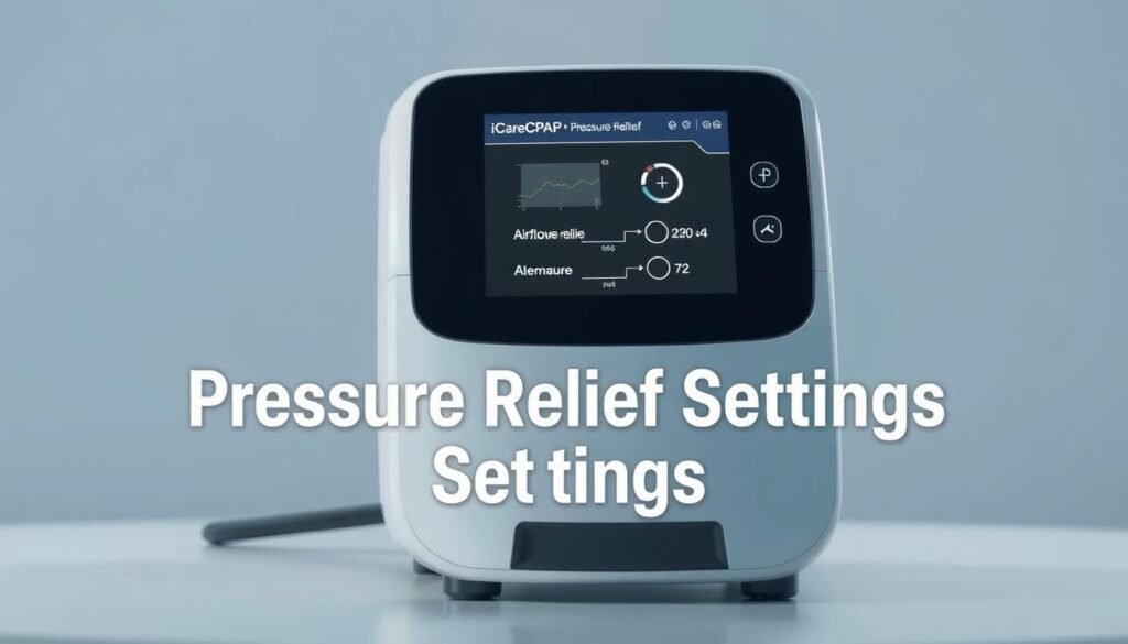 A detailed, high-quality 3D render of an iCareCPAP sleep apnea machine, showcasing its pressure relief settings. The machine is positioned in a clinical setting with a clean, minimalist background. Soft, directional lighting highlights the machine's sleek, modern design and intuitive control panel. The focus is on the pressure relief functionality, with clear visualization of the airflow and pressure dynamics. The scene conveys a sense of medical professionalism and technological sophistication, appropriate for illustrating the "Pressure Relief Settings" section of the article.