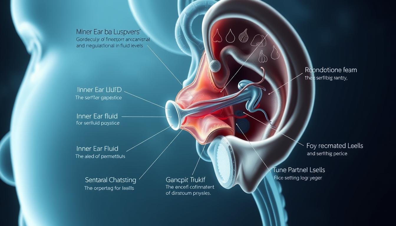 A detailed medical diagram depicting the inner ear and surrounding anatomy, illustrating the various mechanisms responsible for maintaining inner ear fluid balance. The image should be rendered in a clean, technical style with precise anatomical labels and callouts highlighting the key structures involved in the regulation of inner ear fluid levels. The lighting should be soft and diffuse, creating a clinical, educational atmosphere. The angle should be a cross-sectional view, providing a clear view of the relevant anatomical features. The overall mood should convey a sense of serene professionalism, emphasizing the scientific nature of the subject matter.