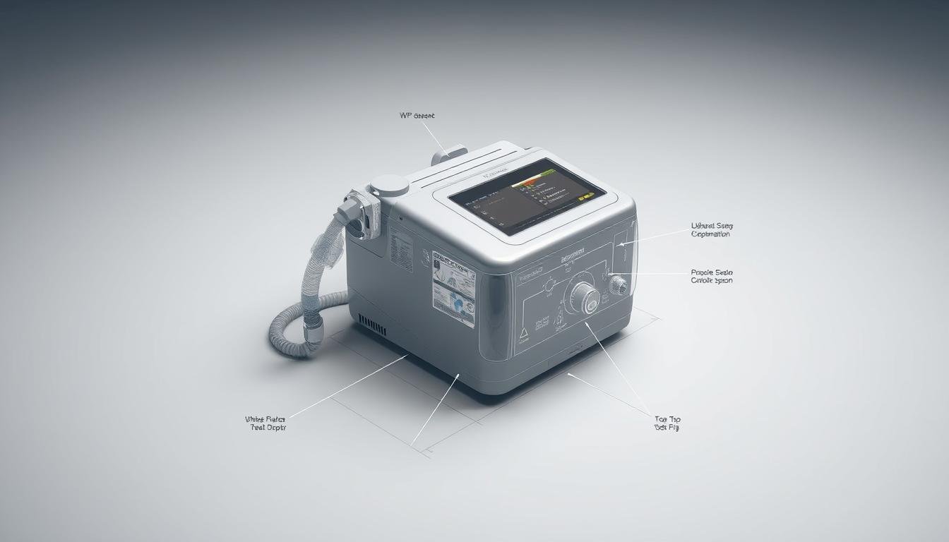 A detailed, technical diagram of the iCareCPAP sleep apnea machine, showcasing its various components and controls. The machine is positioned on a clean, neutral-colored surface, with a precise, engineering-style illustration. The design features precise, high-contrast lines, with a muted color palette of grays, blues, and silvers. The perspective is a slightly elevated, three-quarter view, allowing the user to see the top, side, and front of the device. The lighting is bright and even, emphasizing the technical details and precision of the design. The overall mood is one of clinical professionalism and attention to detail, reflecting the subject matter of sleep apnea machine calibration and setup.