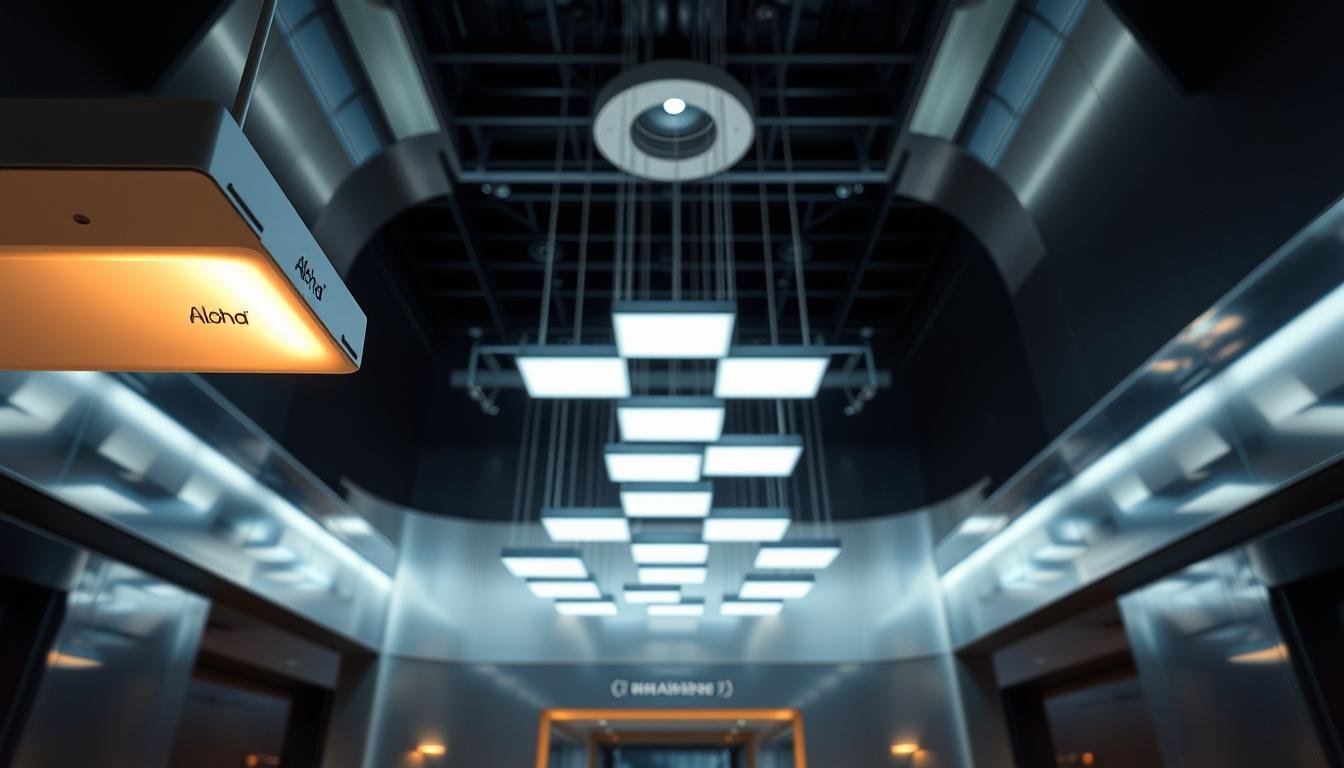 A high-tech, futuristic lighting design with a contemporary Asian aesthetic. In the foreground, a streamlined Aloha-branded LED fixture casts a warm, diffused glow, its minimalist form a study in clean lines and elegant simplicity. In the middle ground, a series of suspended light panels arranged in an abstract, geometric pattern create a mesmerizing play of light and shadow. The background features a sleek, metallic environment with reflective surfaces that amplify the luminous effects, producing an immersive, almost holographic ambiance. The overall mood is one of technological innovation, blended with traditional East Asian design influences, conveying a vision of the future of architectural lighting.