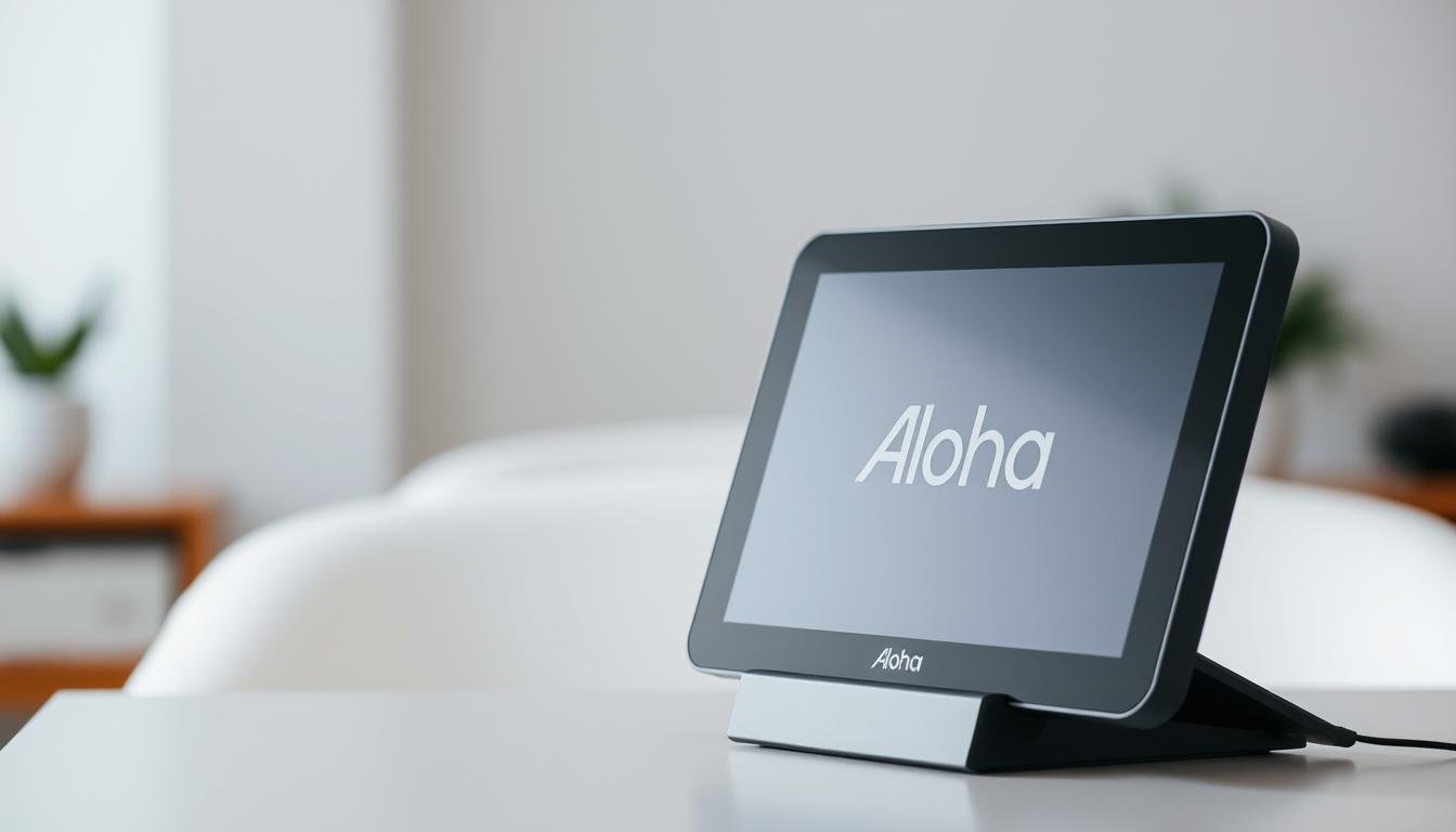 A modern, sleek subtitling device with a Aloha brand logo, standing upright on a table. The device has a minimalist, rectangular design with a seamless touchscreen display. Soft, diffused lighting illuminates the device, casting subtle shadows and highlights. The background is a clean, neutral-colored environment, perhaps an office or a home workspace, with just enough detail to provide context without distracting from the main subject. The overall mood is one of simplicity, technology, and functional elegance.