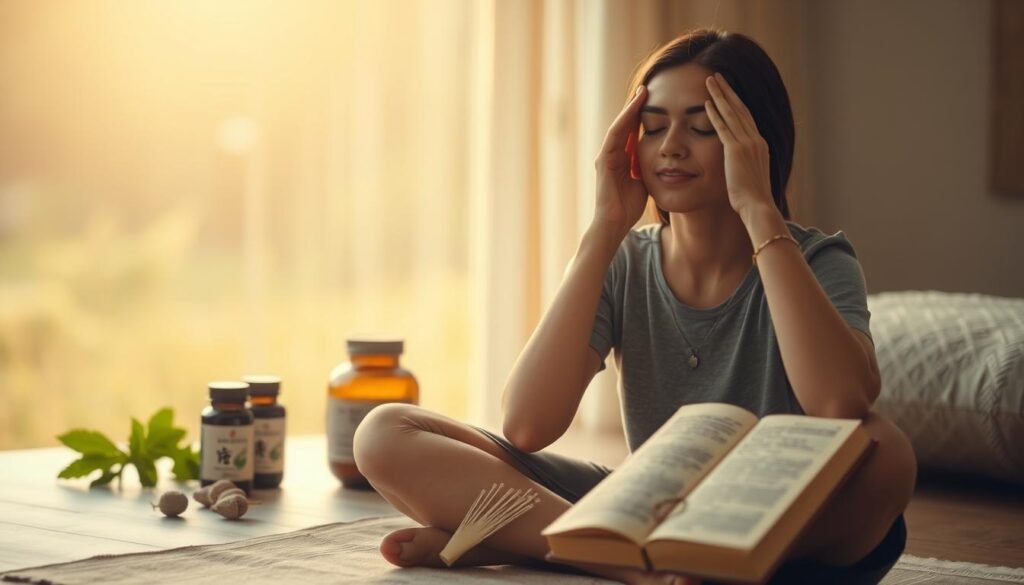 A peaceful, serene scene of a person seeking a solution for their tinnitus. In the foreground, a person sits cross-legged, eyes closed, hands placed gently on their temples, deep in contemplation. Soft, diffused light illuminates their face, conveying a sense of tranquility and focus. In the middle ground, various holistic remedies are arranged neatly, such as herbal supplements, acupuncture needles, and a traditional Chinese medicine text. The background depicts a warm, natural setting, perhaps a garden or a serene landscape, hinting at the restorative power of nature. The overall atmosphere is one of introspection, exploration, and the pursuit of a harmonious resolution to the issue of tinnitus.