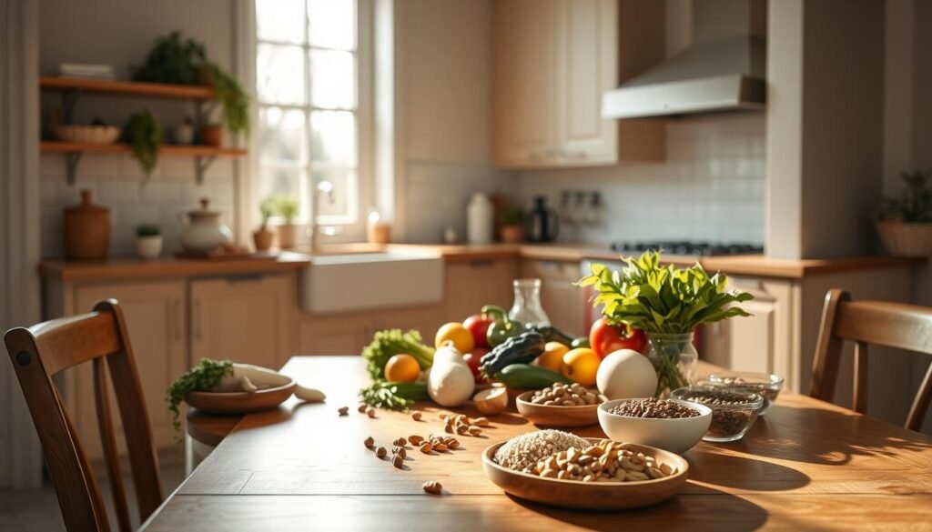 A serene, well-lit kitchen interior with a wooden table and chairs. On the table, an assortment of healthy, natural foods - fresh fruits, vegetables, nuts, and whole grains. Soft, natural lighting filters in through a large window, casting a warm glow on the scene. The countertops are clean and organized, with a few simple cooking utensils visible. The overall atmosphere is one of balance, calm, and mindful nourishment, reflecting the ideas of dietary adjustments and mindful eating to address inner ear imbalance.