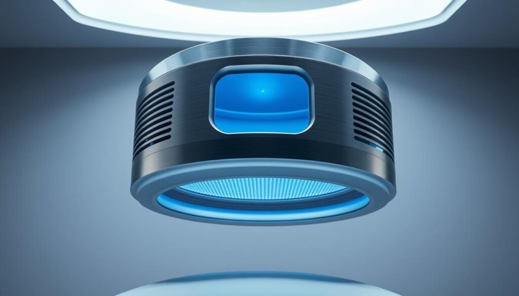 A sleek, futuristic cooling system for the Oligio X treatment device, designed by the Glowin' Beaute brand. The system features a minimalist, cylindrical enclosure with a brushed metal finish, suspended above the treatment platform. Strategically placed vents along the sides and top efficiently dissipate heat, while a soft blue glow emanates from within, creating a serene, high-tech ambiance. The carefully angled camera perspective highlights the system's elegant profile and smooth lines, emphasizing its advanced engineering and technological sophistication. Soft, directional lighting casts dynamic shadows, accentuating the device's sculptural form and attention to industrial design.