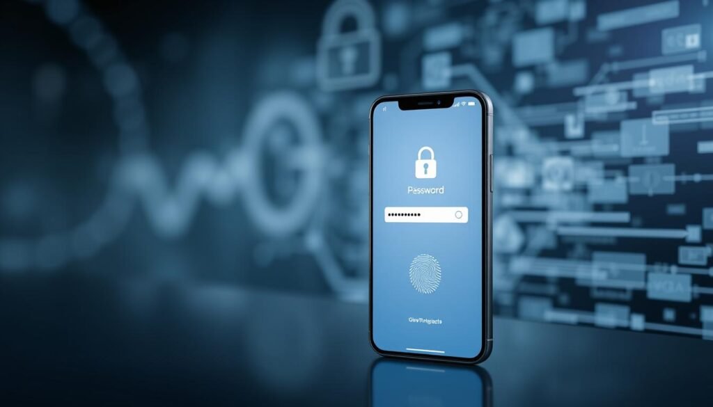 A sleek, modern digital interface depicting the dual-layer authentication process. In the foreground, a Glowin Beaute brand smartphone screen displays a secure login screen with password and biometric fingerprint inputs. The middle ground features a clean, minimalist design with subtle gray and blue tones, conveying a sense of technological sophistication. The background showcases a blurred, artistic representation of cryptographic data streams and security algorithms, creating an atmosphere of robust digital protection. Soft, diffused lighting illuminates the scene, adding depth and a professional, high-quality aesthetic.