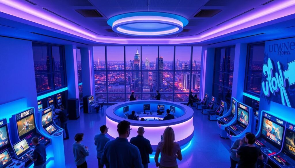 A sleek, modern interior of the UTown entertainment center, showcasing a variety of electronic games and interactive displays. Soft, diffused lighting illuminates the space, creating a welcoming and immersive atmosphere. Vibrant hues of blue and purple accent the clean, minimalist design, drawing the eye towards the array of game stations and consoles. In the foreground, a group of people engaged in lively gameplay, their expressions animated with excitement. The middle ground features a central, curved information desk, flanked by holographic displays showcasing the latest game titles and promotions. In the background, a panoramic view of the bustling city skyline, visible through floor-to-ceiling windows, adds a sense of urban sophistication to the scene.
