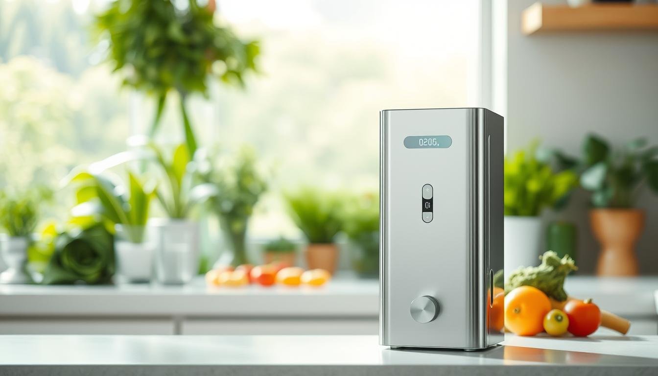 A sleek, modern water purifier standing on a pristine kitchen counter, surrounded by a soft, natural light. The device's gleaming metallic body exudes a sense of premium quality, with its touch-sensitive controls and digital display subtly indicating its advanced filtration capabilities. In the background, a blurred view of lush greenery and an abundance of fresh produce, symbolizing the purity and vitality of the filtered water it provides. The overall scene conveys a tranquil, healthy, and refined atmosphere, perfectly suited to illustrate the experience of enjoying high-quality drinking water in the pursuit of a fulfilling lifestyle.