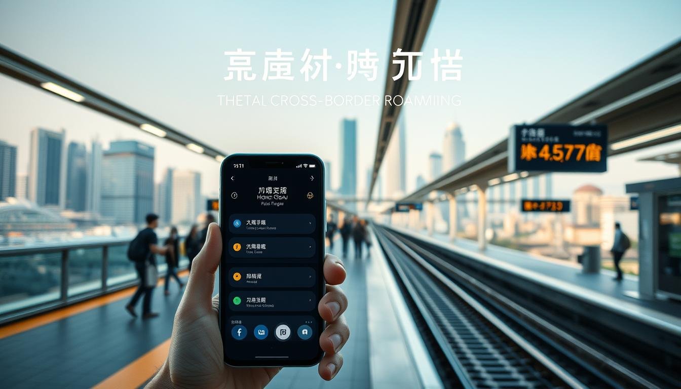 A tranquil scene depicting the "跨境轉台優惠" service from Telecombrother. In the foreground, a smartphone displays the Telecombrother app interface, showcasing the seamless cross-border roaming options. The middle ground features a train station platform, with passengers moving about, symbolizing the convenient connectivity between Hong Kong, Macau, and mainland China. In the background, a modern cityscape with skyscrapers and iconic landmarks creates a sense of the thriving metropolitan area. The lighting is soft and warm, conveying a mood of efficiency and ease. The camera angle is slightly elevated, providing a birds-eye view of the scene, emphasizing the comprehensive nature of the "跨境轉台優惠" service.