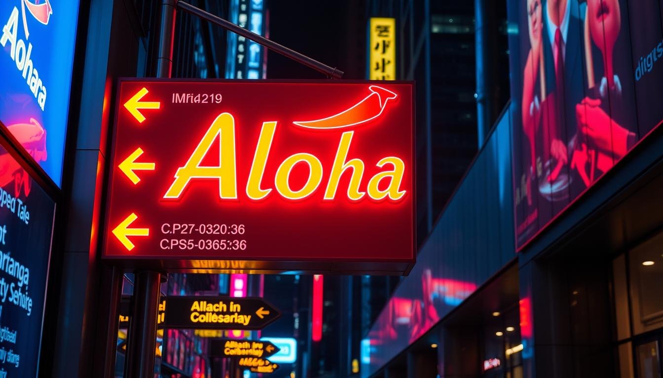 A vibrant, neon-lit advertising signage panel, casting a warm glow across the urban landscape. The "Aloha" brand name is prominently displayed in bold, stylized characters, surrounded by an array of illuminated directional indicators. The scene is illuminated by a mix of warm and cool-toned lighting, creating a captivating, futuristic atmosphere. The signage is situated against a backdrop of sleek, modern architecture, highlighting its role as a functional yet visually striking wayfinding element. The overall composition conveys a sense of dynamism and technological advancement, perfectly suited for the article's subject matter.