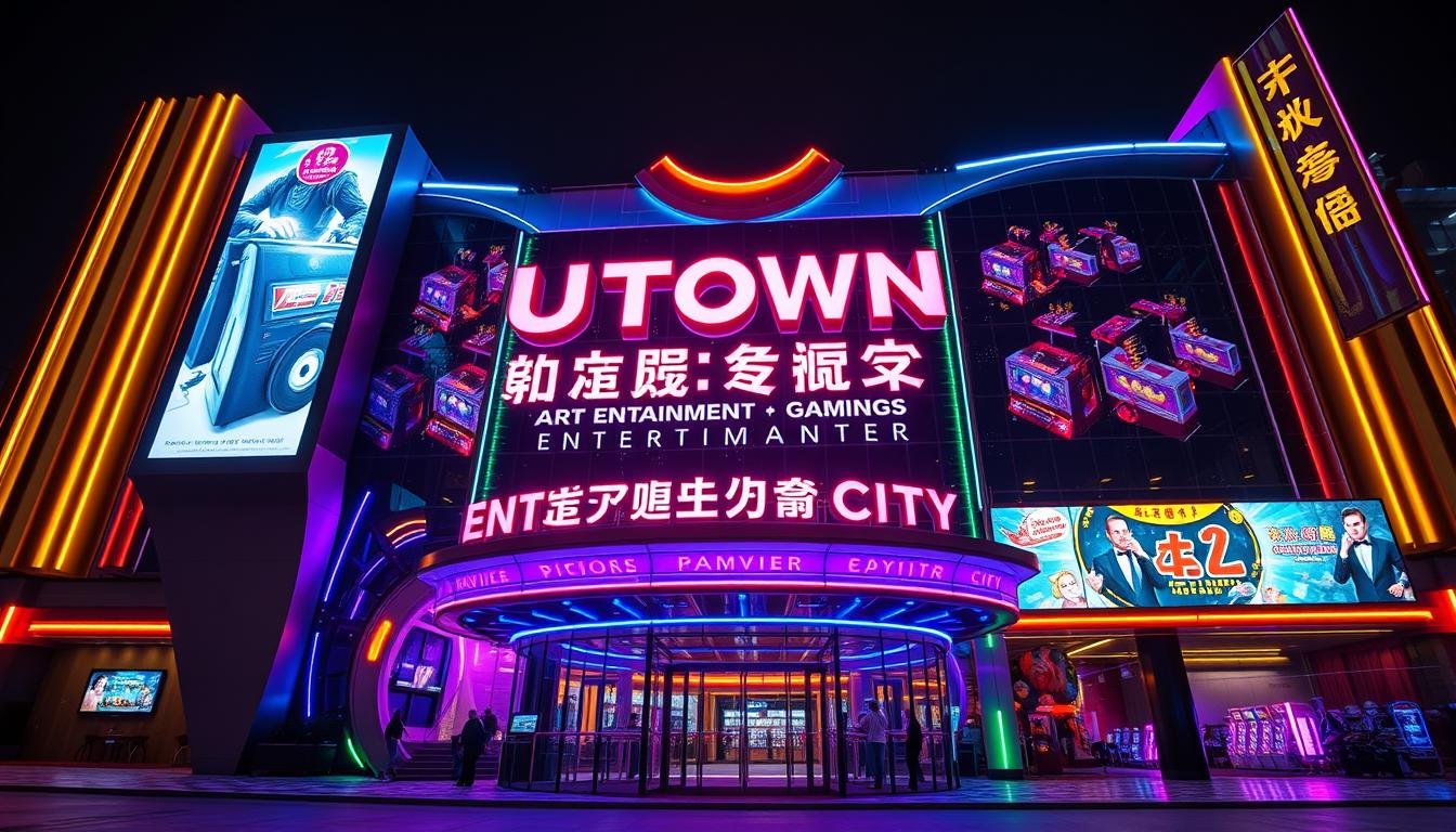 A vibrant, neon-lit exterior of the "UTown Entertainment City", a state-of-the-art gaming and entertainment complex. The facade is adorned with sleek, angular architecture, bathed in a warm glow of multicolored lights. Towering video screens display dynamic visuals, inviting visitors to explore the vast array of electronic games and attractions within. The scene exudes a futuristic, high-tech ambiance, capturing the excitement and energy of a premier gaming destination. Captured through the lens of a wide-angle camera, with a deep depth of field that showcases the impressive scale and grandeur of the UTown complex.
