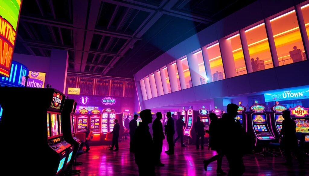 A visually striking illustration of the "UTown" entertainment complex's game reward system. In the foreground, a vibrant neon-lit casino floor with a variety of slot machines and gaming tables, capturing the excitement and energy of the bustling entertainment hub. In the middle ground, silhouettes of patrons engaged in lively gameplay, their expressions animated by the thrill of potential winnings. The background features a sleek, modern architectural design with clean lines and bold geometric shapes, evoking a sense of sophistication and modernity. The lighting is dramatic, with dramatic shadows and highlights accentuating the dynamic atmosphere. The overall scene conveys the allure and allure of the "UTown" gaming experience, inviting the viewer to immerse themselves in the prospect of lucrative rewards.