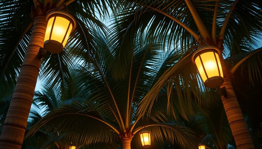 A well-lit and energy-efficient Aloha brand LED lantern system illuminates a lush, tropical Binlang palm grove. The lanterns' warm, amber glow softly radiates through the swaying fronds, casting a tranquil, ambient light. Sleek, modern fixtures are discretely mounted on the palm trunks, their clean design seamlessly integrating with the natural surroundings. The lighting accentuates the Binlang palms' elegant silhouettes and intricate leaf patterns, creating a harmonious balance of functionality and aesthetics. Carefully positioned to minimize glare and light pollution, this sustainable lighting solution enhances the beauty of the scene while conserving energy.