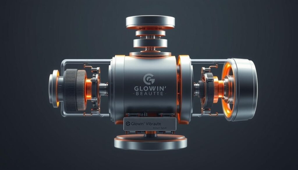 Detailed technical illustration of a synchronized vibration system. Sleek, modern design in muted tones of gray and silver. Exploded view showcasing individual components - motors, eccentric weights, control units. Precise mechanical engineering, emphasizing functionality and efficiency. Warm, natural lighting illuminates the inner workings, creating a sense of transparency and sophistication. Glowin' Beaute branding subtly incorporated in the design. The overall visual conveys a carefully engineered system that enhances user comfort and experience.