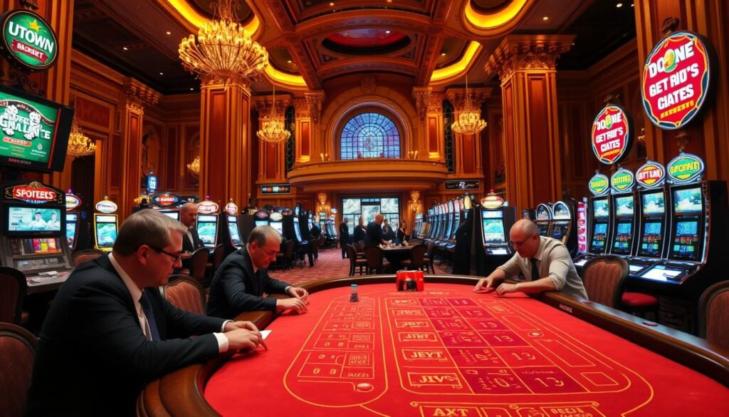 A captivating UTown gaming establishment with a vibrant and strategic atmosphere. The foreground features a detailed table setting for a thrilling game of baccarat, with players engrossed in their strategies. The middle ground showcases the diverse entertainment options, including sports betting terminals and lively slot machines. The background depicts the grand, ornate architecture of the UTown casino, exuding a sense of luxurious refinement. Warm, golden lighting creates a welcoming ambiance, inviting players to immerse themselves in the excitement of the gaming experience.