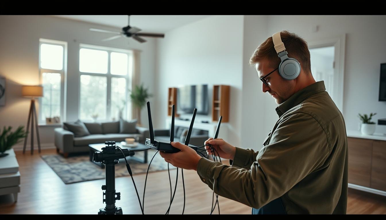 A cozy modern home interior with a residential broadband installation in progress. In the foreground, a Telecombrother technician carefully installs a router and ethernet cables, focused on their work. The middle ground features a well-lit living room with comfortable furniture, natural lighting streaming through large windows. The background showcases a clean, minimalist design aesthetic with white walls, hardwood floors, and contemporary decor. The overall atmosphere is one of quiet efficiency and domestic tranquility as the broadband setup nears completion.