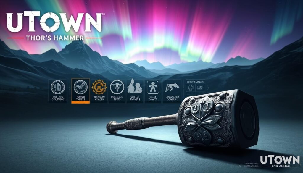 A detailed, high-resolution image of the key features of the game "UTown: Thor's Hammer", showcased in a sleek, minimalist style. In the foreground, the mighty Mjolnir hammer, the iconic weapon of the God of Thunder, lies prominently displayed, its intricate metalwork and runes shimmering under dramatic lighting. In the middle ground, a series of interactive game elements are presented, such as power-ups, skill trees, and character customization options, all rendered with a clean, modern aesthetic. The background depicts a grand, Nordic-inspired setting, with towering mountains, rolling hills, and a vibrant, aurora-lit sky, conveying the epic scale and fantasy world of the game. The overall mood is one of excitement, power, and the thrill of exploration and discovery.