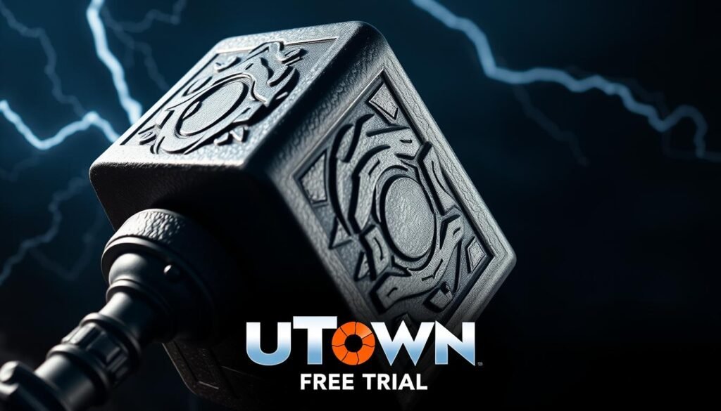A dramatic close-up shot of the iconic Thor's Hammer, the Mjolnir, against a dark, moody backdrop. The hammer's surface glistens with intricate details, conveying a sense of power and ancient might. Bolts of lightning crackle around the hammer, illuminating the scene with an ethereal glow. In the foreground, the UTown logo is prominently displayed, inviting the viewer to explore the free trial of this legendary game.