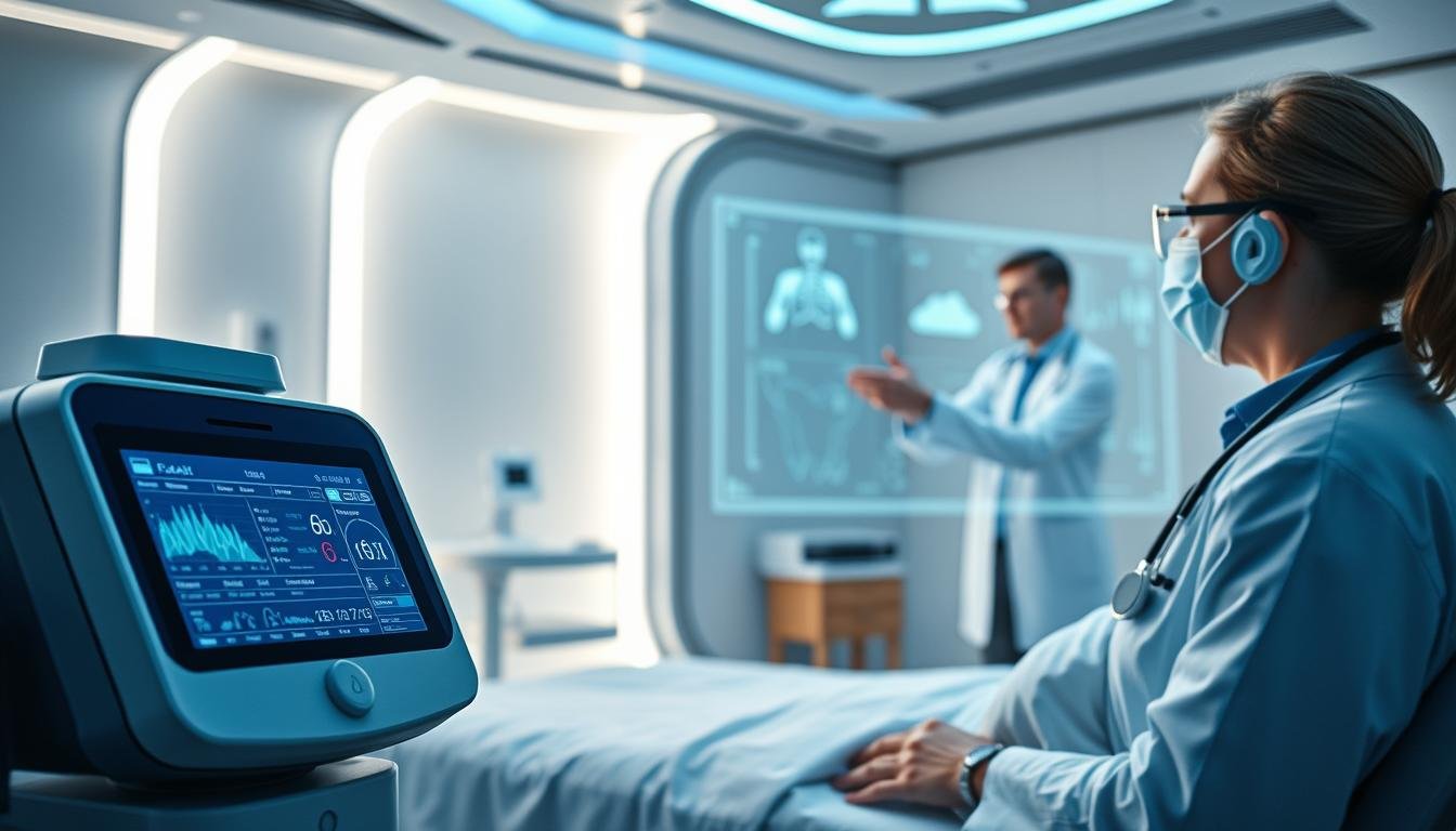 A high-tech, futuristic medical clinic setting featuring an iCareCPAP remote patient monitoring system. In the foreground, a sleek, modern medical device displays real-time vitals and breathing data. In the middle ground, a doctor remotely reviews the patient's information on a large, holographic display, using intuitive gesture controls. The background showcases a clean, minimalist interior design with subtle blue and white lighting, conveying a sense of advanced medical technology and care. The overall atmosphere is one of efficient, seamless remote healthcare, where advanced respiratory equipment and telemedicine converge to provide comprehensive, accessible patient support.