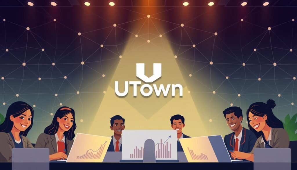 A professional, modern illustration of the UTown agent's earnings model. The foreground depicts a group of smiling UTown agents, each with a laptop and a chart tracking their earnings. The middle ground showcases a sleek, minimal UTown logo, conveying the brand's sophistication. The background features a geometric pattern of interconnected shapes, representing the intricate network of UTown's agent ecosystem. The lighting is soft and warm, creating a welcoming and aspirational atmosphere. The overall composition is well-balanced, with a focus on the key elements that encapsulate the UTown agent's earning potential.