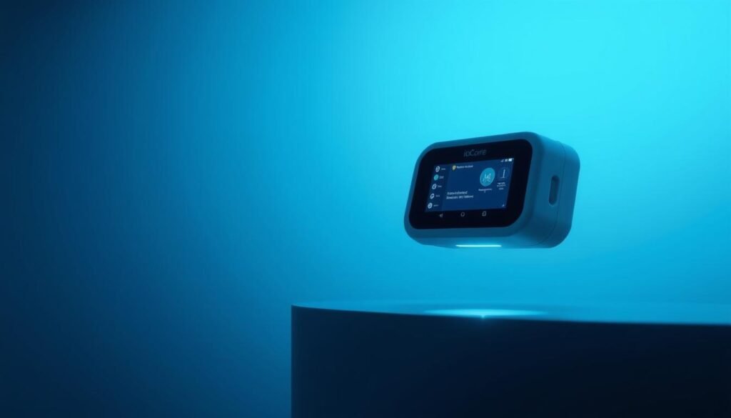 A sleek, futuristic-looking iCareCPAP remote monitoring system, capturing the seamless integration of technology and healthcare. The device floats in a minimalist, ethereal setting, casting a soft glow against a dimly lit background. Subtle blue and green hues suggest the calming, clinical atmosphere of a remote respiratory monitoring station. The iCareCPAP's intuitive interface and discreet design convey the ease and efficiency of remote patient care, enabling healthcare professionals to closely monitor sleep apnea patients from afar.