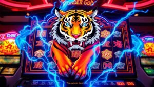 A striking and visually captivating slot machine, the "UTown Thunder God" features a majestic tiger as the central motif, surrounded by thunderous effects and glowing blue neon accents. The machine's sleek, contemporary design stands out, blending traditional Asian elements with a modern, high-tech aesthetic. Dramatic lighting casts dynamic shadows, creating a sense of depth and atmosphere. The reels spin with a mesmerizing fluidity, hinting at the game's thrilling and innovative gameplay. This cutting-edge slot machine emanates a powerful, electrifying energy, poised to captivate players with its unique blend of classic and innovative features.