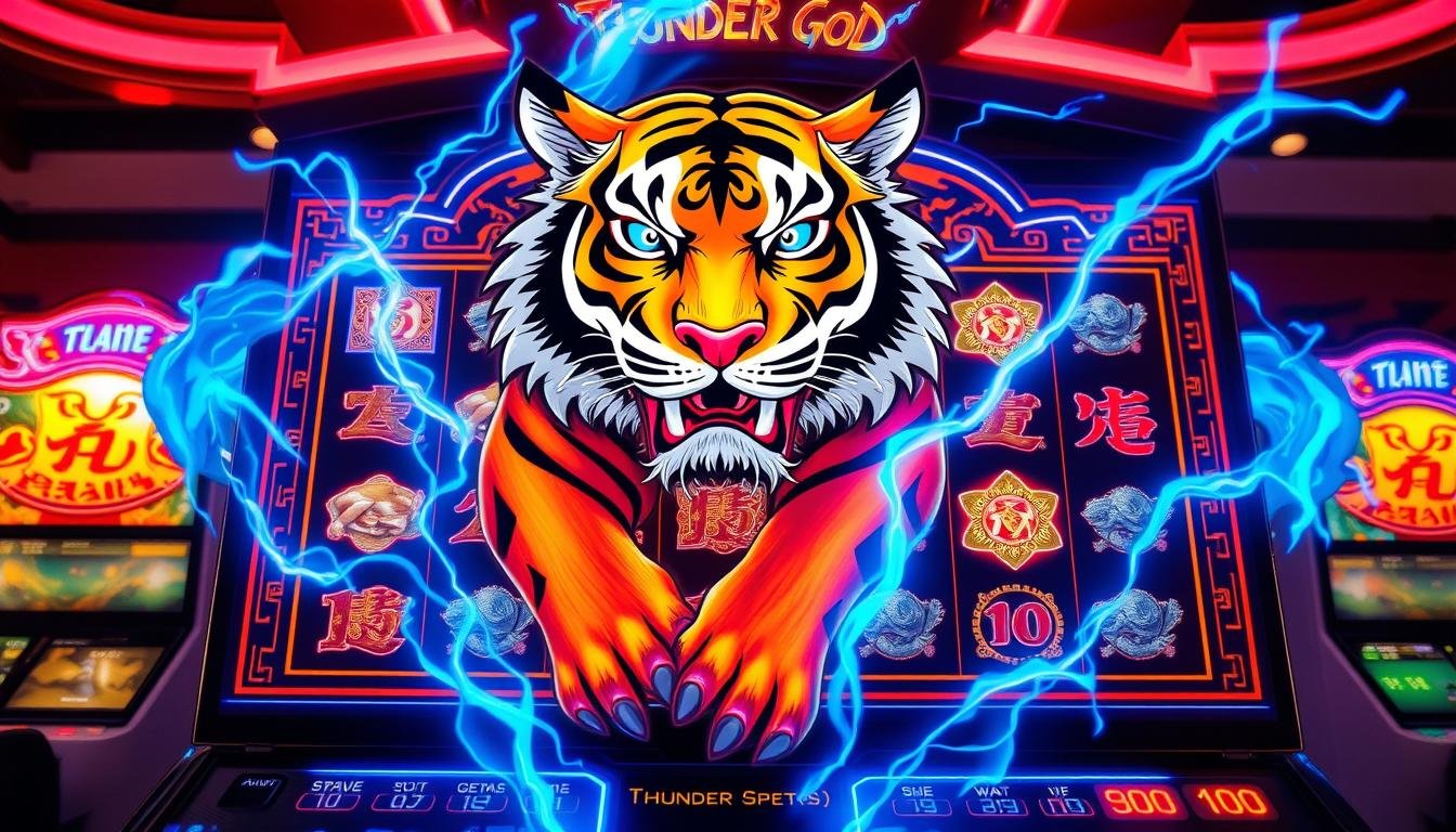 A striking and visually captivating slot machine, the "UTown Thunder God" features a majestic tiger as the central motif, surrounded by thunderous effects and glowing blue neon accents. The machine's sleek, contemporary design stands out, blending traditional Asian elements with a modern, high-tech aesthetic. Dramatic lighting casts dynamic shadows, creating a sense of depth and atmosphere. The reels spin with a mesmerizing fluidity, hinting at the game's thrilling and innovative gameplay. This cutting-edge slot machine emanates a powerful, electrifying energy, poised to captivate players with its unique blend of classic and innovative features.