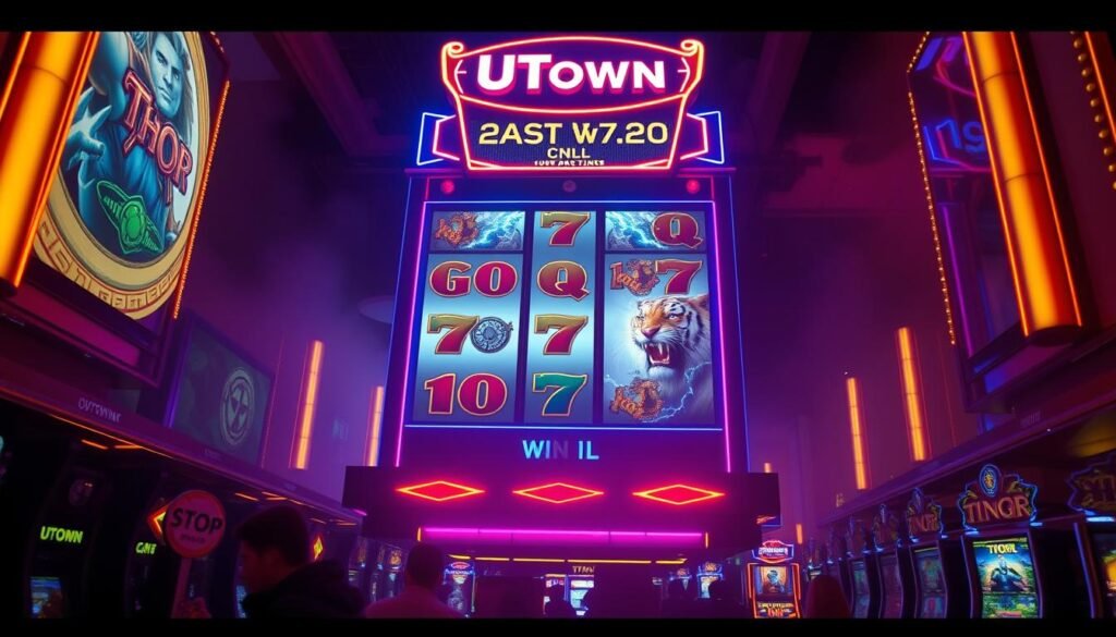 A striking, neon-lit machine towering over a busy casino floor, its iconic UTown branding gleaming in the low light. The reels spin hypnotically, adorned with Norse god imagery - Thor's hammer, lightning bolts, and a fierce tiger. Dramatic, cinematic angles capture the machine's dynamic, larger-than-life presence, exuding a sense of power and excitement. The surrounding environment is hazy and atmospheric, with moody lighting casting dramatic shadows that heighten the machine's dramatic flair. This is the new frontier of slot gaming, a captivating fusion of classic and contemporary that commands attention.