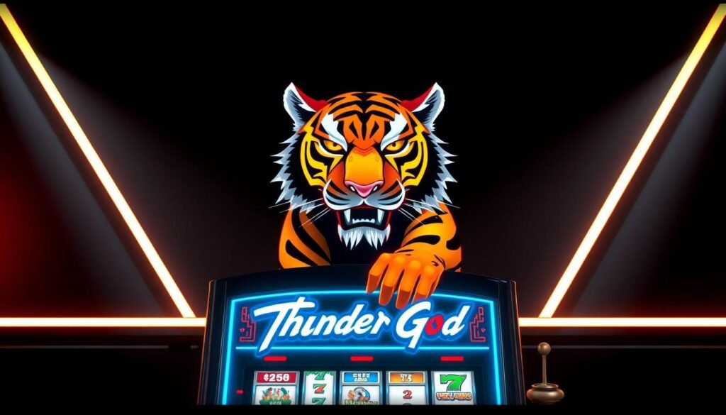 A stunning, high-resolution image of the UTown "Thunder God Slot Machine" against a sleek, contemporary background. The machine's gleaming chrome and neon accents are highlighted by dramatic, directional lighting, casting dramatic shadows. The bold, stylized tiger motif stands out in vivid detail, its fierce expression and powerful stance conveying the machine's thrilling gameplay. The overall composition emphasizes the machine's cutting-edge design and technological advancements, setting it apart from traditional slot machines.