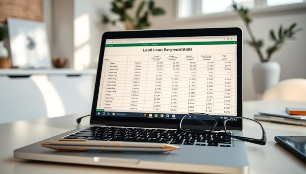 A tranquil office setting with a laptop displaying a spreadsheet, showcasing different loan repayment methods. In the foreground, a pen and a pair of reading glasses rest on top of the laptop, suggesting a thoughtful decision-making process. Soft, natural lighting filters through a window, casting a warm glow on the scene. The background features minimalist decor, allowing the focal point to be the laptop display, which clearly illustrates the contrasting repayment options for a small loan.