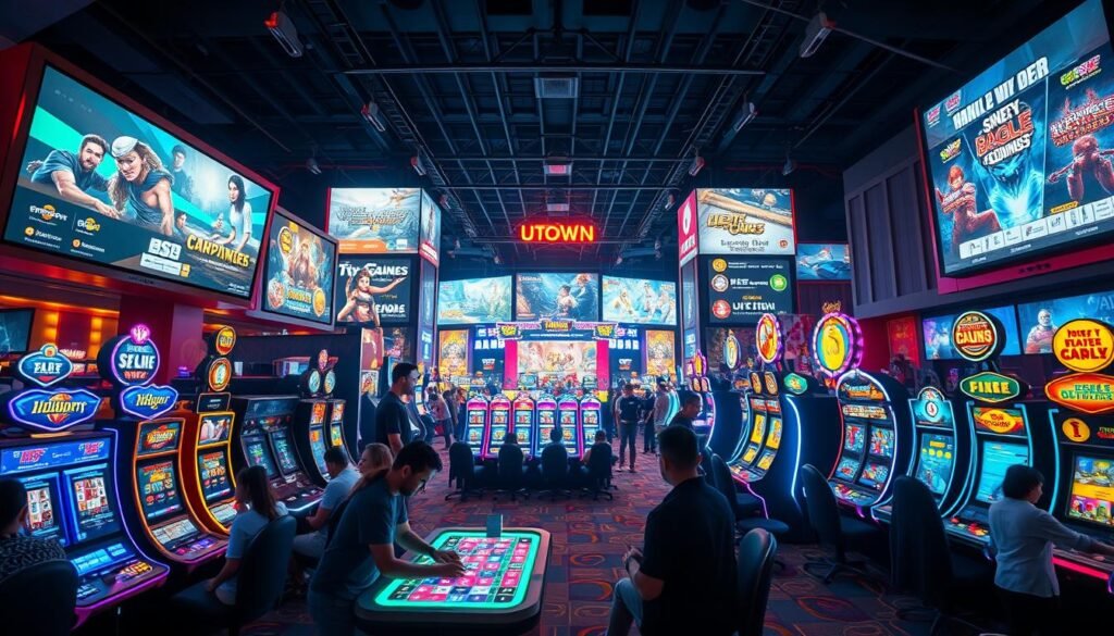 A vibrant and immersive scene depicting the diverse game offerings of UTown, a USDT-based entertainment hub. In the foreground, a group of players engages in a thrilling live casino game, surrounded by the neon-lit ambiance of the casino floor. The middle ground showcases a variety of interactive games, from slot machines to table games, all presented in a sleek and modern design. In the background, towering screens display the breadth of UTown's game library, from classic arcade titles to the latest blockchain-powered offerings, creating a sense of excitement and innovation. The lighting is sharp and dynamic, casting a warm, inviting glow over the entire scene, capturing the energy and allure of this USDT-driven entertainment destination.