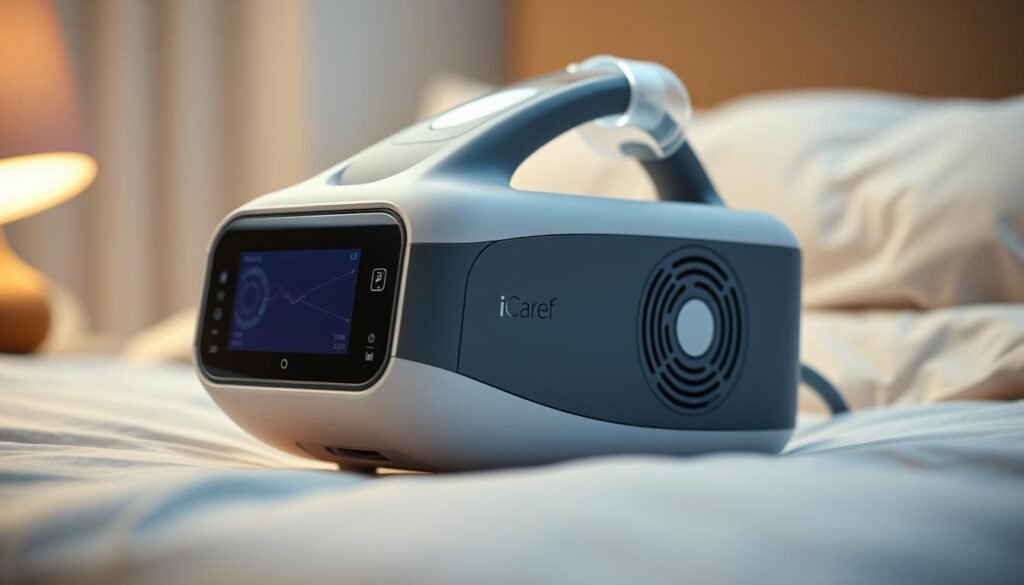 A sleek, modern iCareCPAP medical device with a gray and white color scheme, designed for comfortable and effective sleep apnea treatment. The device features a streamlined, ergonomic design with a large display panel, intuitive controls, and a stylized air intake vent. Diffused lighting creates a warm, soothing atmosphere, with a slightly blurred background hinting at a bedroom setting. The overall impression is one of advanced, user-friendly technology that seamlessly integrates into a relaxing, home environment.