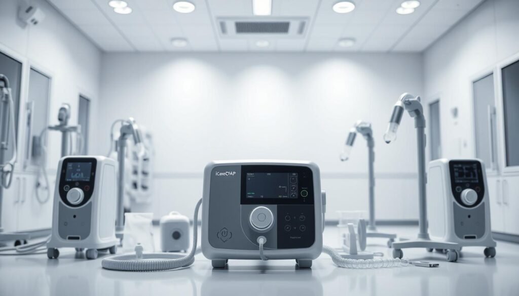 A sleek, modern medical device showcasing various types of iCareCPAP respiratory machines. The foreground features the main unit with its distinctive control panel and tubing connections, allowing for precise adjustments. The middle ground displays a range of accessories and attachments, highlighting the system's versatility. In the background, a clean, well-lit clinical setting evokes a sense of professionalism and care. The image conveys the advanced, yet user-friendly nature of these respiratory machines, essential for guiding patients through their treatment.