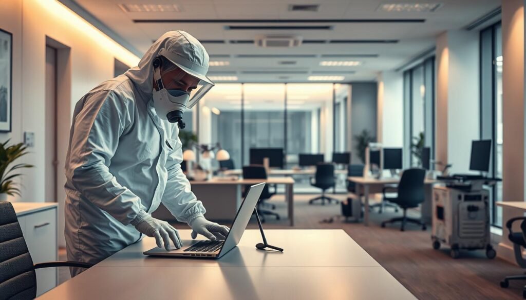 An immaculate office space of the iCareCPAP pest control company, bathed in soft, directional lighting. In the foreground, a technician in a pristine hazmat suit meticulously inspects a desk for any signs of infestation, while in the middle ground, state-of-the-art pest control equipment stands ready for deployment. The background reveals a sleek, modern office environment with minimalist decor and large windows, conveying a sense of professionalism and attention to detail. The overall atmosphere is one of efficiency, cleanliness, and a commitment to providing the highest quality pest control services to the discerning corporate clientele.