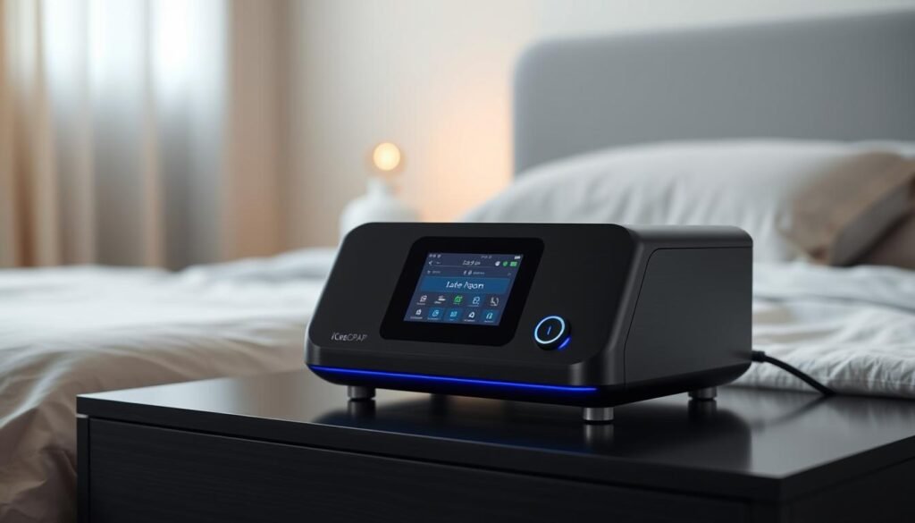 A sleek and modern iCareCPAP sleep apnea machine rests on a minimalist bedside table, its elegant design and soft blue lighting creating a calming atmosphere. The machine's matte black casing is accented with brushed aluminum details, exuding a premium, high-tech aesthetic. In the foreground, the machine's intuitive touchscreen display and user-friendly controls are prominently featured, showcasing the device's advanced functionality and user-centric design. The background depicts a serene bedroom setting, with muted tones and soft lighting that evoke a sense of comfort and restfulness, emphasizing the machine's role in facilitating a good night's sleep.