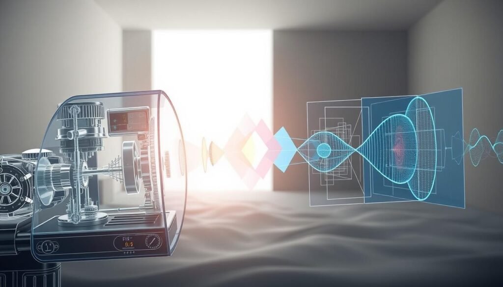 A highly detailed technical illustration showcasing the cutting-edge multi-stage noise reduction technology of the iCareCPAP respiratory device. In the foreground, intricate mechanical schematics depict the precise air flow pathways and noise-dampening components. The middle ground highlights the advanced digital signal processing algorithms, visualized through abstract geometric forms and color gradients. In the background, a clean, minimalist environment with muted tones and soft lighting emphasizes the refined engineering and scientific precision of this respiratory system. The overall mood conveys a sense of technological sophistication and medical innovation.