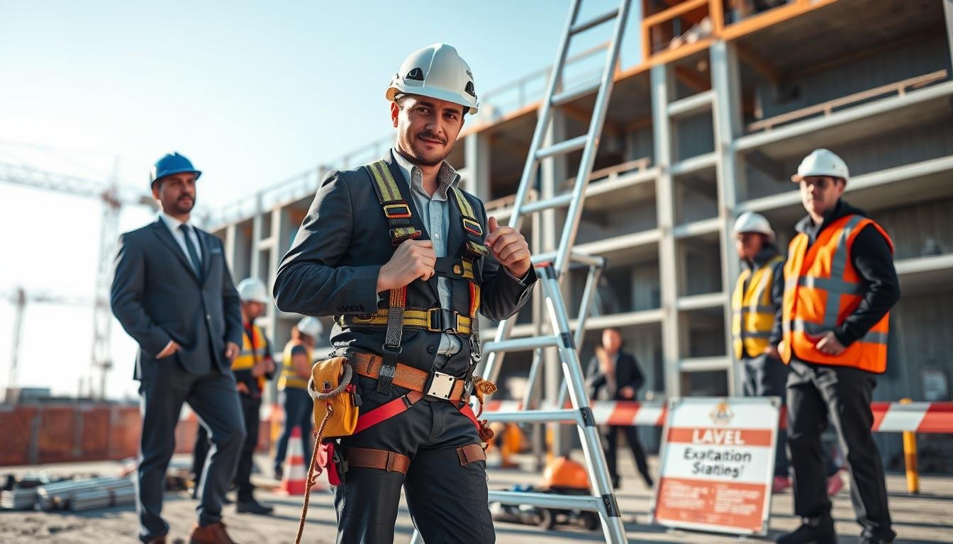 A construction site scene illustrating safety measures, featuring a diverse group of workers wearing professional business attire and safety gear. In the foreground, a worker is confidently demonstrating the proper use of a safety harness while inspecting a ladder. The middle ground showcases various safety equipment like helmets, guardrails, and signage, emphasizing the importance of fall prevention strategies. The background includes a partially constructed building under a clear blue sky, symbolizing an organized and efficient work environment. Soft, natural lighting enhances the atmosphere, creating a sense of vigilance and professionalism in promoting high-altitude safety practices. The overall mood is serious yet positive, underscoring the commitment to worker safety.