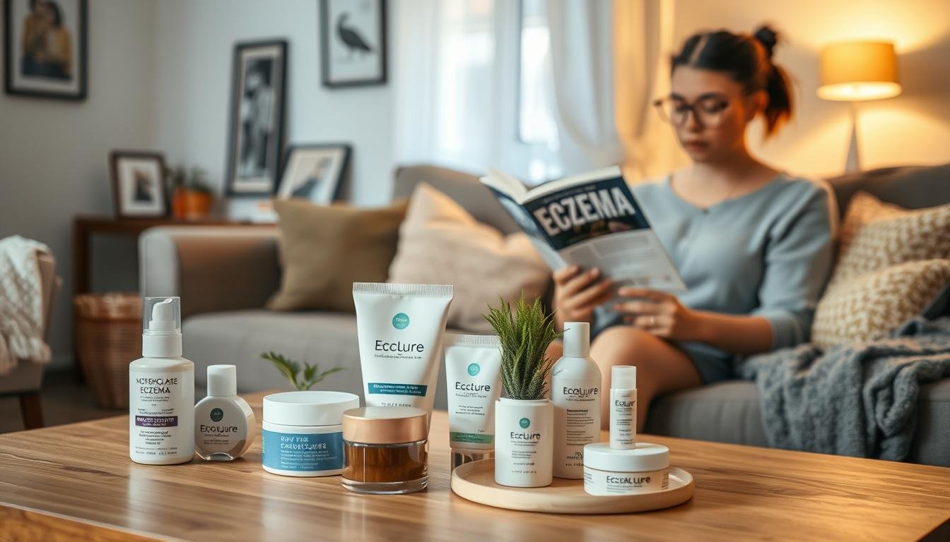 A serene indoor scene depicting a cozy living space designed for someone managing eczema. In the foreground, a well-organized coffee table displays various skincare products, including moisturizers and soothing ointments, neatly arranged alongside a small plant for a touch of greenery. In the middle ground, a person in modest casual clothing, possibly a caregiver or a patient, is seen reading an informative book on eczema care, portraying a sense of calm and focus. The background features soft, warm lighting coming from a nearby window, creating a cozy atmosphere. Subtle decorative elements, like framed photos and soft textiles, enhance the homely feel, emphasizing a supportive environment for wellness and self-care. The overall mood is one of tranquility and nurturing, reflecting healthy lifestyle adjustments for eczema management.