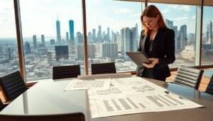 A modern, spacious office interior with large windows showcasing a vibrant cityscape in the background. In the foreground, a professional businesswoman in formal attire is examining a digital tablet, assessing potential office layouts. The middle ground features a sleek conference table with chairs, showcasing blueprints and charts laid out for evaluation. Natural light floods the room, creating a bright and inviting atmosphere, with a warm tone complementing the sleek contemporary design. The background highlights the skyline of a bustling urban center, giving a sense of location and accessibility. The image captures a focused, strategic decision-making environment, perfectly aligning with the theme of evaluating office spaces for lease in a central location.