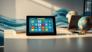 A professional digital workspace showcasing the concept of "OceanEsim digital SIM card service." In the foreground, a sleek iPad displaying the OceanEsim interface, emphasizing connectivity features with vibrant icons. The middle ground includes a modern workspace setting, featuring a stylish desk with a laptop, smartphone, and a globe, symbolizing global connectivity. The background depicts an abstract oceanic theme with soft blues and greens, representing the ocean's essence and digital innovation. Soft, natural lighting illuminates the scene, creating a warm and inviting atmosphere, while a slightly blurred focus adds depth. The composition conveys a sense of modernity and simplicity, inviting the viewer to explore digital solutions for connectivity.