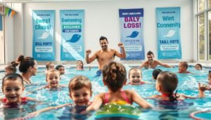 A vibrant and engaging scene depicting a swimming class promotional strategy. In the foreground, a diverse group of adults and children, dressed in colorful casual swim attire, practice swimming techniques in a bright, modern indoor pool. The middle of the image features an enthusiastic instructor demonstrating swimming strokes, with a focus on building community and teamwork. In the background, banners showcasing swimming class schedules and promotional messages are displayed on the walls, bathed in natural light streaming through large windows. The atmosphere is energetic and inviting, with splashes of water adding a sense of action and excitement. The perspective is slightly elevated, capturing both the participants and the vibrant environment, emphasizing a sense of growth and learning in a safe, supportive community.