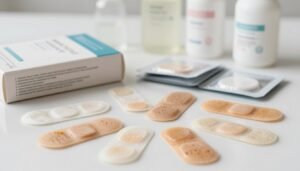 A detailed and visually appealing image showcasing a collection of acne patches displayed in an elegant arrangement. In the foreground, focus on various types of acne patches, featuring different sizes and textures, all on a clean, glossy surface. The middle ground displays a partially open box, revealing more patches and instructions, highlighting product design and packaging. The background includes soft, blurred skincare products, like cleansers and moisturizers, to set a skincare theme. Use natural, bright lighting to enhance the colors and textures of the patches, with a shallow depth of field to draw attention to the products. The atmosphere should convey a sense of calm and professionalism, ideal for informing readers about the benefits and functionality of acne patches.