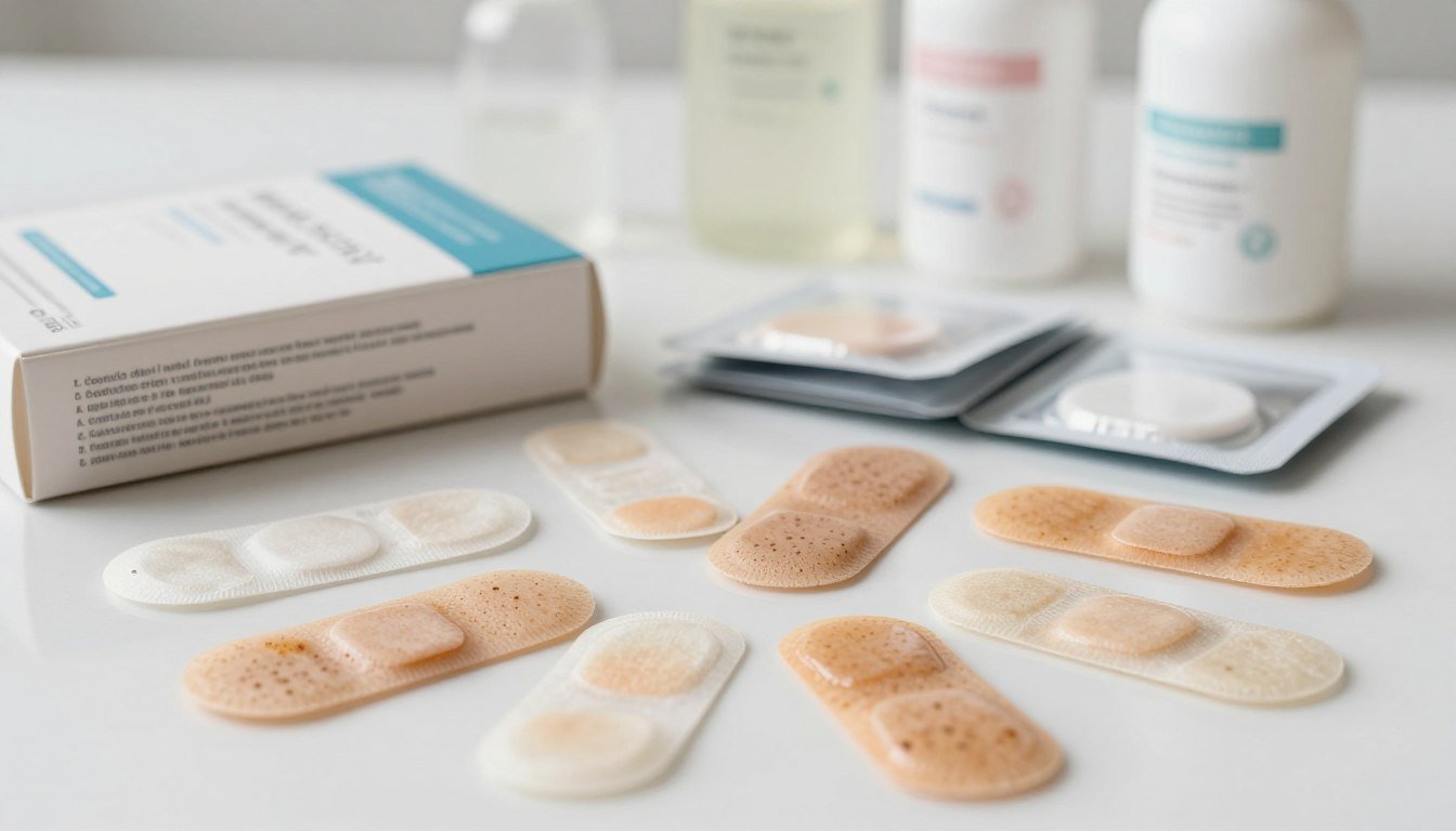 A detailed and visually appealing image showcasing a collection of acne patches displayed in an elegant arrangement. In the foreground, focus on various types of acne patches, featuring different sizes and textures, all on a clean, glossy surface. The middle ground displays a partially open box, revealing more patches and instructions, highlighting product design and packaging. The background includes soft, blurred skincare products, like cleansers and moisturizers, to set a skincare theme. Use natural, bright lighting to enhance the colors and textures of the patches, with a shallow depth of field to draw attention to the products. The atmosphere should convey a sense of calm and professionalism, ideal for informing readers about the benefits and functionality of acne patches.