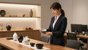A professional-looking female model in elegant business attire stands confidently in a well-lit, modern office environment. She is showcasing a meticulously designed object inspired by Japanese culture, symbolizing the art of craftsmanship. In the foreground, a series of beautifully arranged products featuring intricate patterns and sleek forms are displayed on a polished wooden table. The middle ground showcases a soft-focus background of minimalist shelves adorned with tasteful decorative elements, suggesting a sophisticated aesthetic. Warm, ambient lighting bathes the scene, creating a cozy and intimate atmosphere. The camera angle captures a slightly elevated perspective, enhancing the elegance and allure of the composition while maintaining a professional tone. The overall mood is inviting and smart, emphasizing creativity and design in a respectful manner.