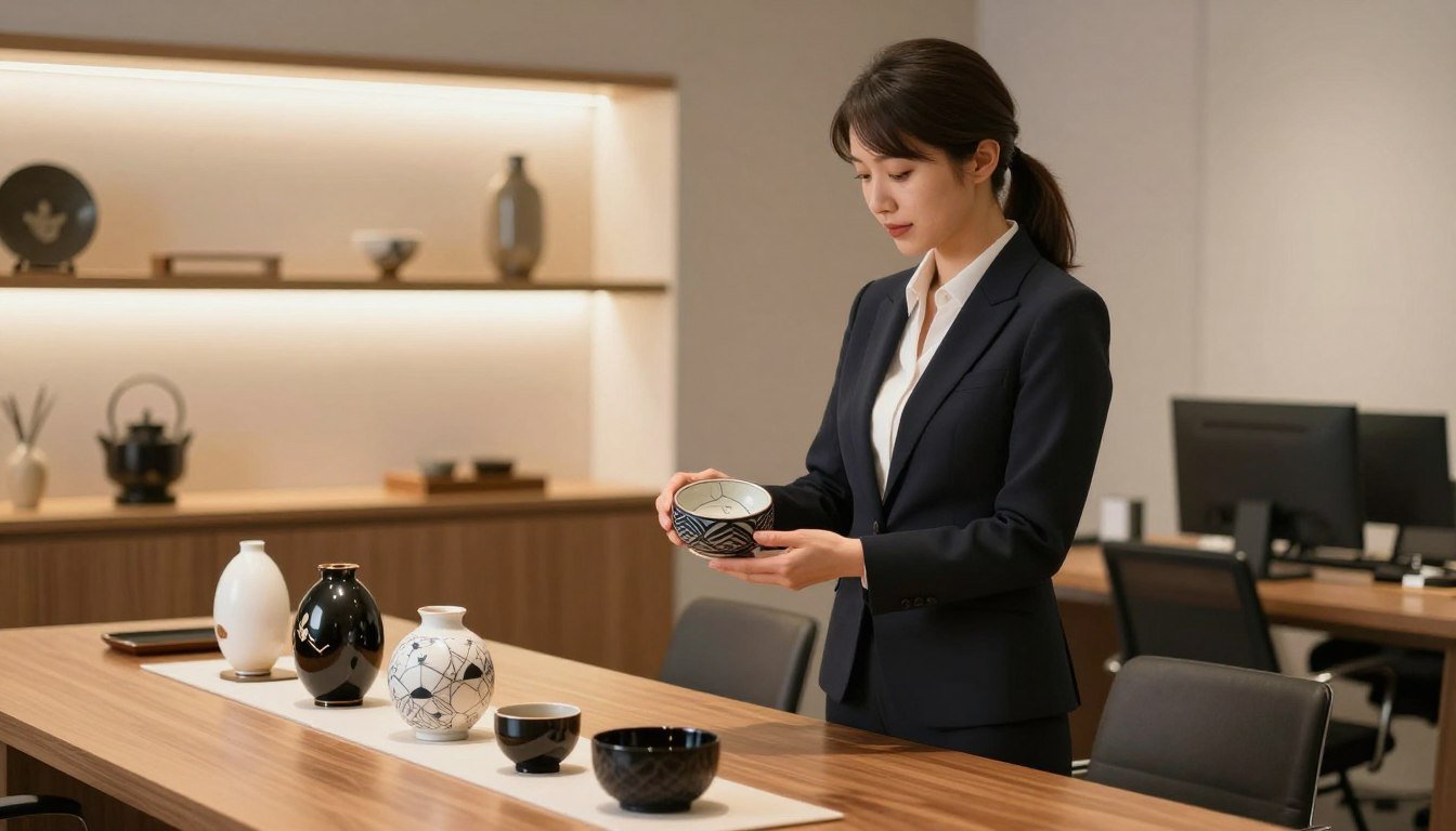 A professional-looking female model in elegant business attire stands confidently in a well-lit, modern office environment. She is showcasing a meticulously designed object inspired by Japanese culture, symbolizing the art of craftsmanship. In the foreground, a series of beautifully arranged products featuring intricate patterns and sleek forms are displayed on a polished wooden table. The middle ground showcases a soft-focus background of minimalist shelves adorned with tasteful decorative elements, suggesting a sophisticated aesthetic. Warm, ambient lighting bathes the scene, creating a cozy and intimate atmosphere. The camera angle captures a slightly elevated perspective, enhancing the elegance and allure of the composition while maintaining a professional tone. The overall mood is inviting and smart, emphasizing creativity and design in a respectful manner.