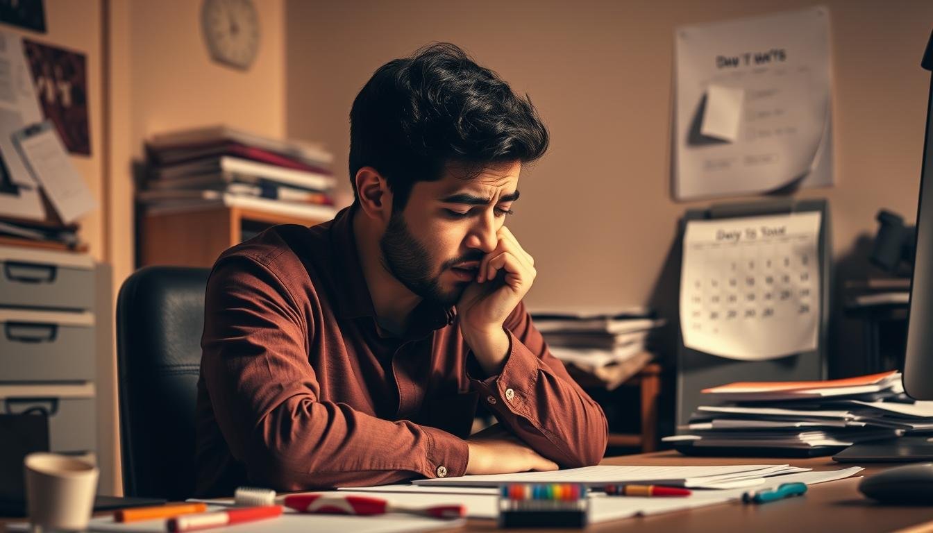 A concerned individual sitting at a cluttered desk, cradling their jaw in discomfort due to wisdom tooth pain. In the foreground, emphasize the person’s expression of worry, with their hand gently touching their cheek, reflecting the struggle to concentrate. The middle ground shows scattered dental care items like a toothbrush and dental floss, hinting at self-care attempts. In the background, a dimly lit room with a calendar marked for a dental appointment, symbolizing urgency and the need for professional help. Soft, warm lighting casts shadows that enhance the mood of distress yet determination. The overall atmosphere conveys the impact of dental pain on daily life and the necessity for timely dental evaluation.