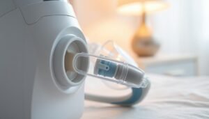 A detailed, close-up view of a sleep apnea machine's exhalation port, highlighting its intricate design. The foreground should prominently feature the port itself, showcasing smooth contours and a translucent finish that reveals the inner workings. In the middle, include the mask connected to the machine, demonstrating proper alignment and function. The background can feature a softly blurred bedside table with a subtle, warm lamp casting a gentle light, creating a comforting atmosphere. The image should be well-lit, capturing textures and details with clarity, while maintaining a professional and clean aesthetic. The angle should be slightly tilted to emphasize the mechanical features of the exhalation port. The overall mood should be calm and informative, suitable for educational purposes.